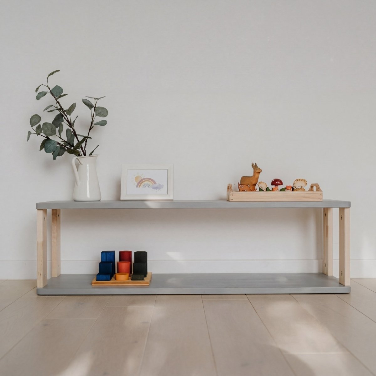 Modular Montessori Shelf – Straight, 2-Shelf, Light Grey / Clear Oil - Tiny Tugz™