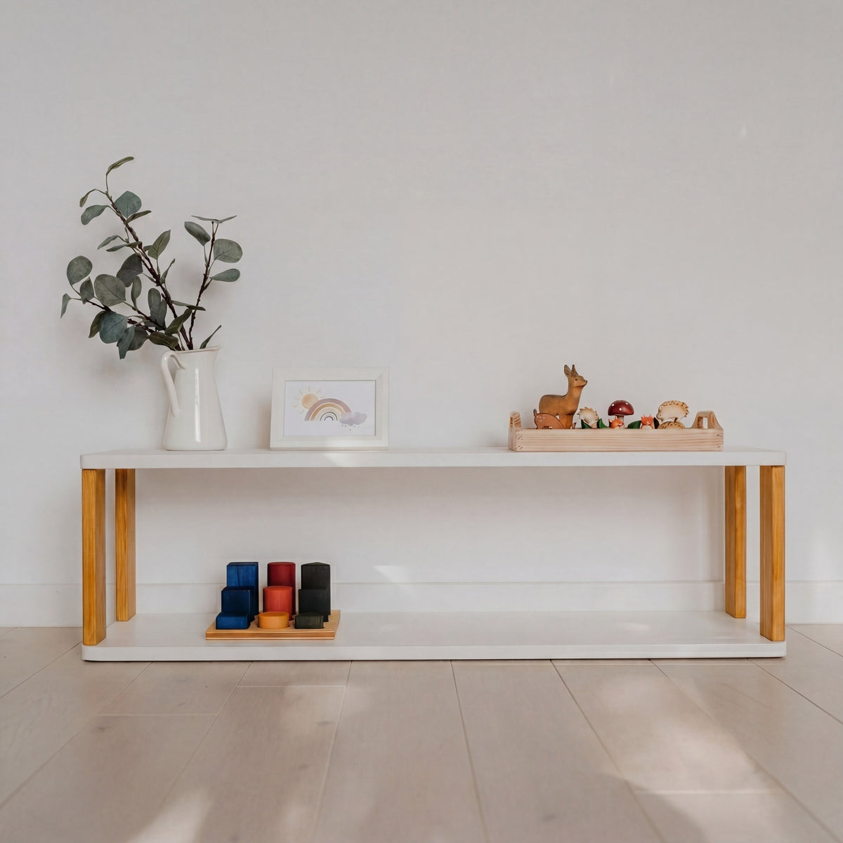One Little Pine 2-Shelf Straight Montessori Shelf in White / Brownish Oil — child-height wooden shelving