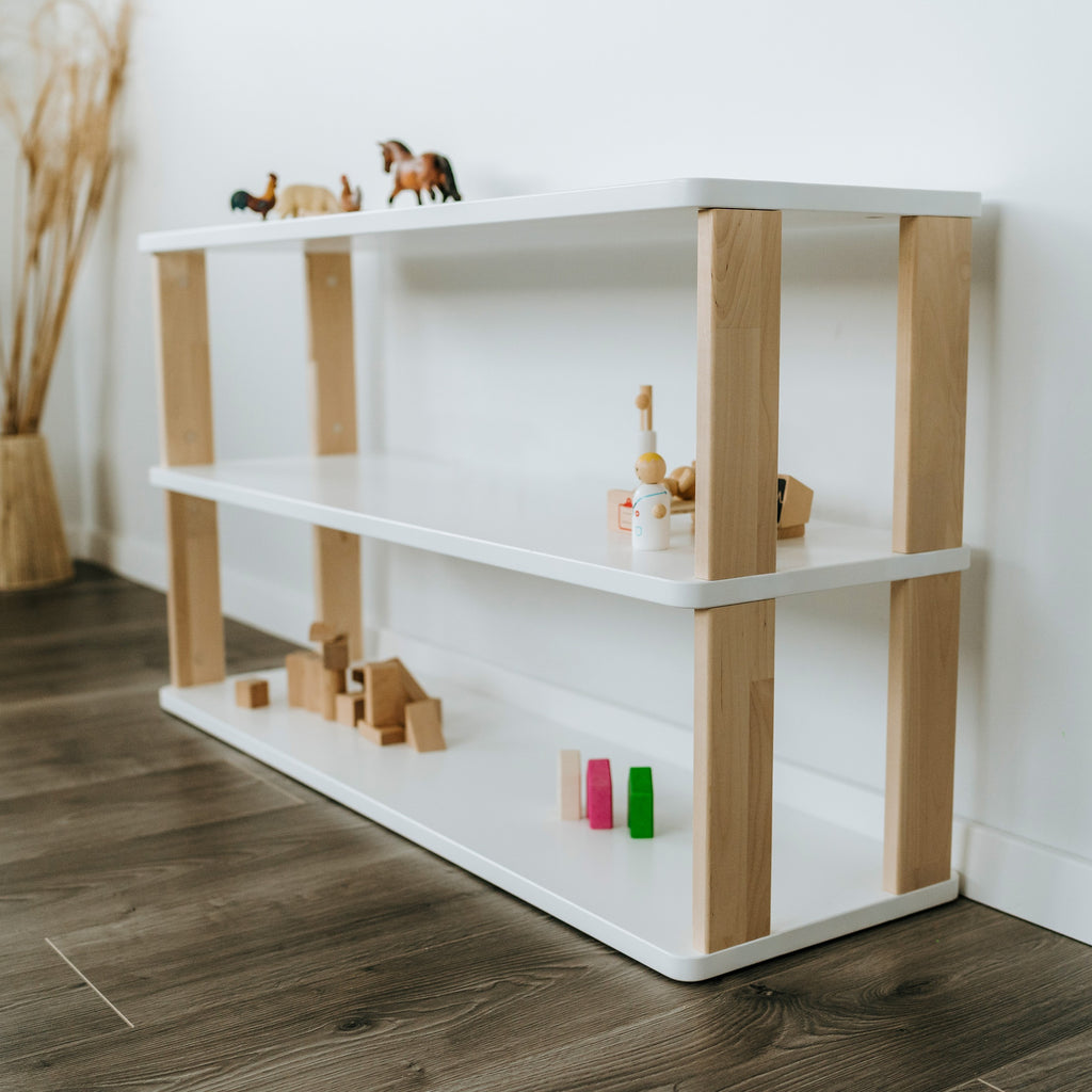 One Little Pine 3-Shelf Straight Montessori Shelf — child-height wooden shelving