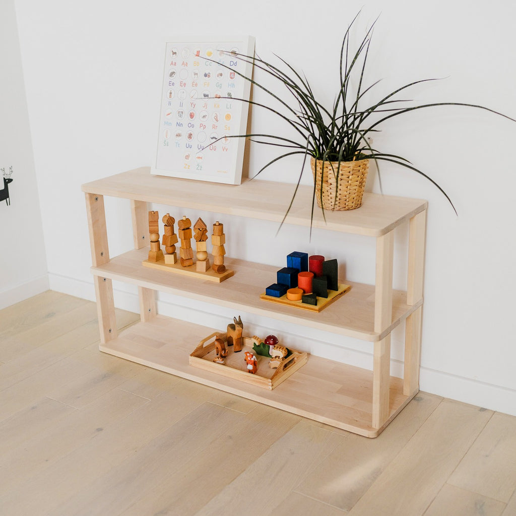 One Little Pine 3-Shelf Straight Montessori Shelf — child-height wooden shelving
