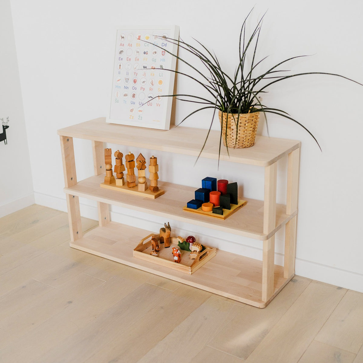 One Little Pine 3-Shelf Straight Montessori Shelf — child-height wooden shelving