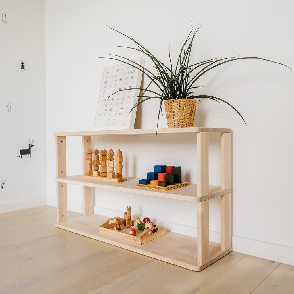 One Little Pine 3-Shelf Straight Montessori Shelf — child-height wooden shelving