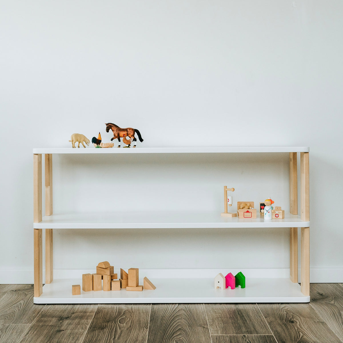 One Little Pine 3-Shelf Straight Montessori Shelf — child-height wooden shelving