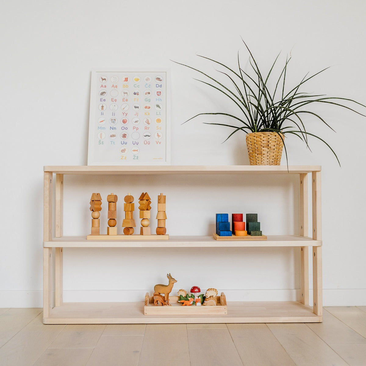 One Little Pine 3-Shelf Straight Montessori Shelf — child-height wooden shelving