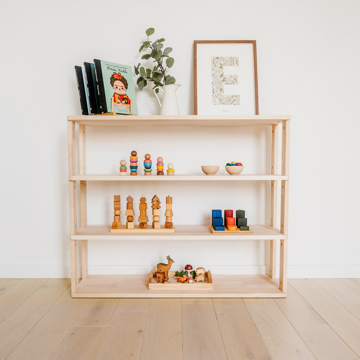 One Little Pine 4-Shelf Straight Montessori Shelf — child-height wooden shelving