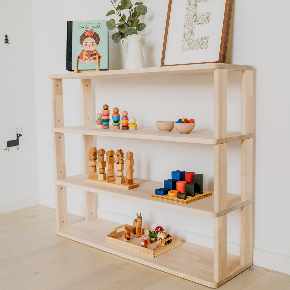 One Little Pine 4-Shelf Straight Montessori Shelf — child-height wooden shelving