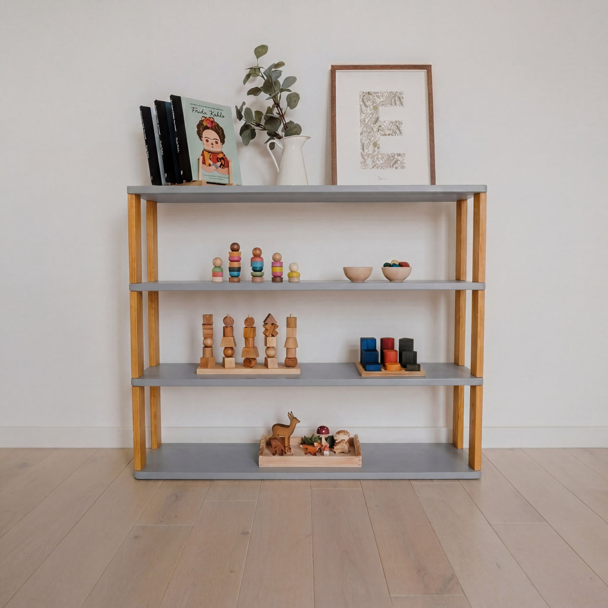 One Little Pine 4-Shelf Straight Montessori Shelf in Light Grey / Brownish Oil — child-height wooden shelving