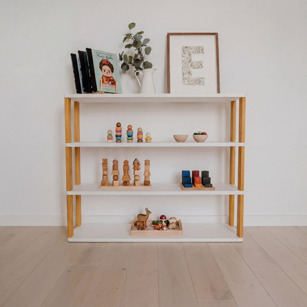 One Little Pine 4-Shelf Straight Montessori Shelf in White / Brownish Oil — child-height wooden shelving