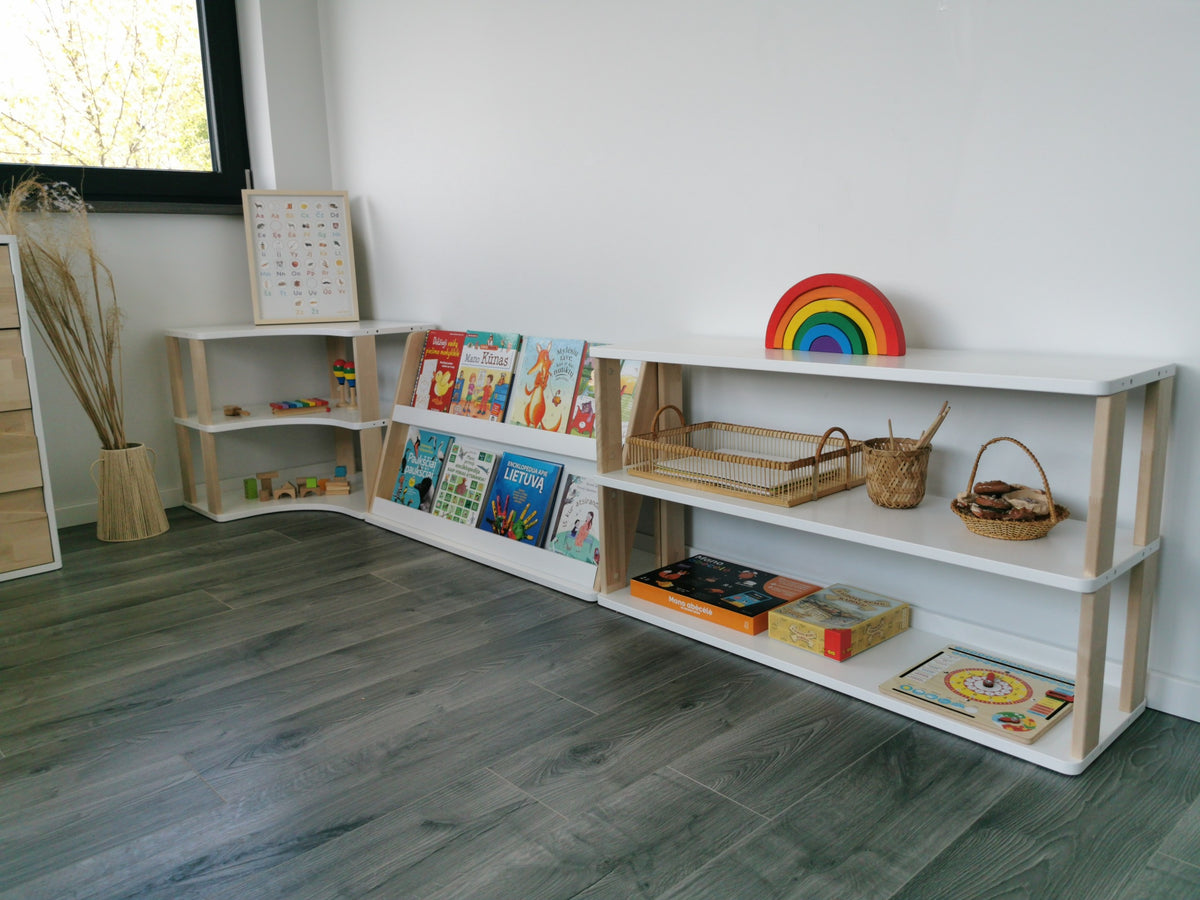 One Little Pine Modular Montessori Bookshelf, 2-shelf open storage unit with rear compartment, solid wood Montessori furniture (available in Natural Wood, Clear Oil, and White & Clear Oil finishes)