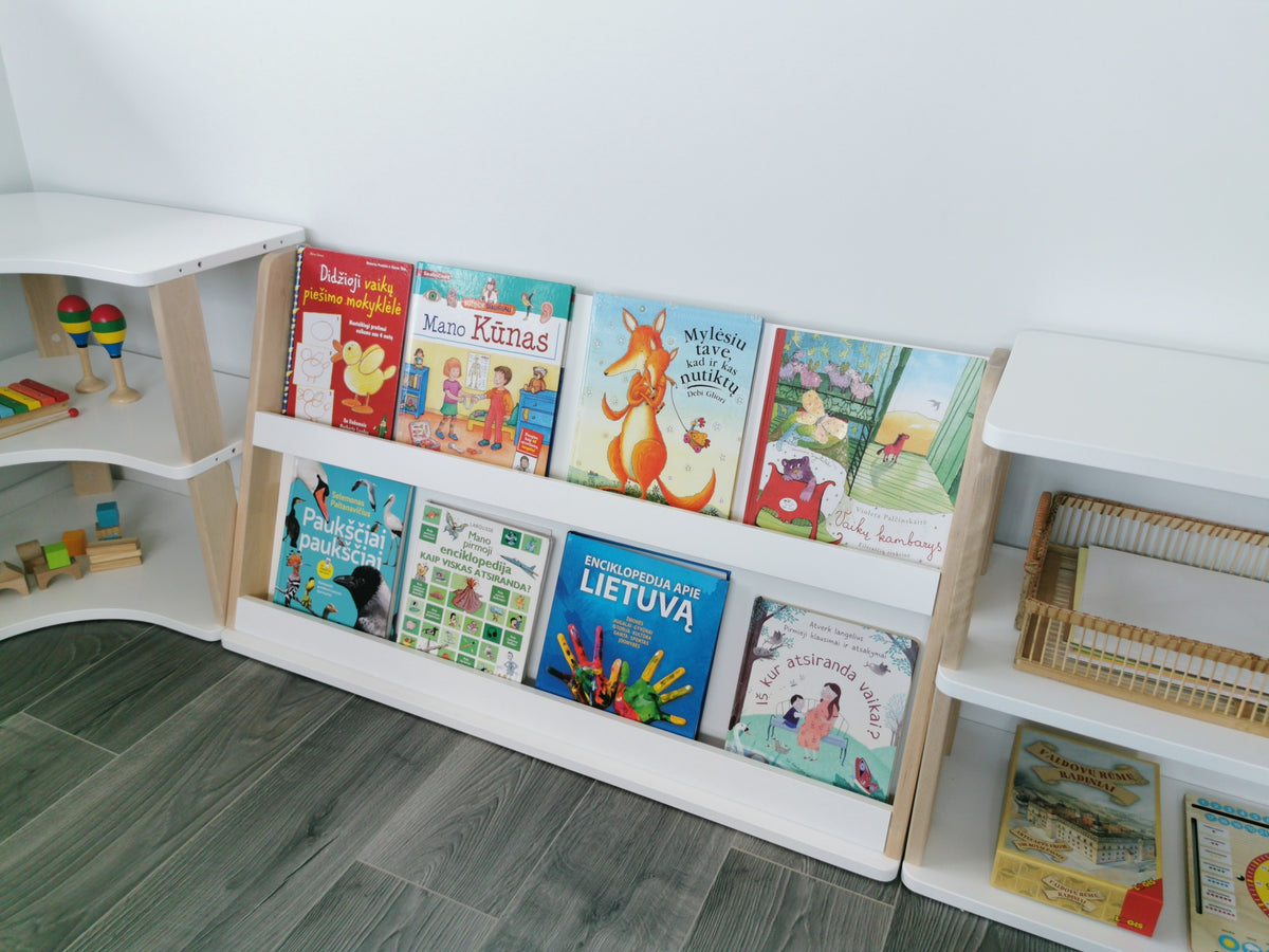 One Little Pine Modular Montessori Bookshelf, 2-shelf open storage unit with rear compartment, solid wood Montessori furniture (available in Natural Wood, Clear Oil, and White & Clear Oil finishes)