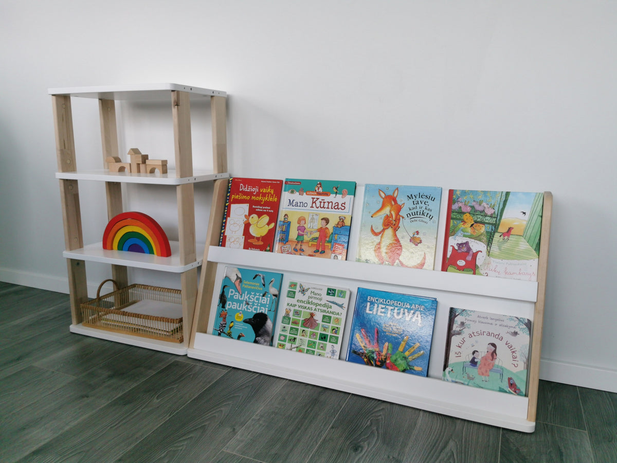 One Little Pine Modular Montessori Bookshelf, 2-shelf open storage unit with rear compartment, solid wood Montessori furniture (available in Natural Wood, Clear Oil, and White & Clear Oil finishes)