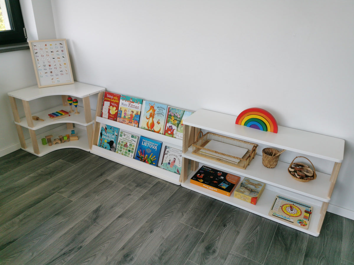 One Little Pine Modular Montessori Bookshelf, 2-shelf open storage unit with rear compartment, solid wood Montessori furniture (available in Natural Wood, Clear Oil, and White & Clear Oil finishes)