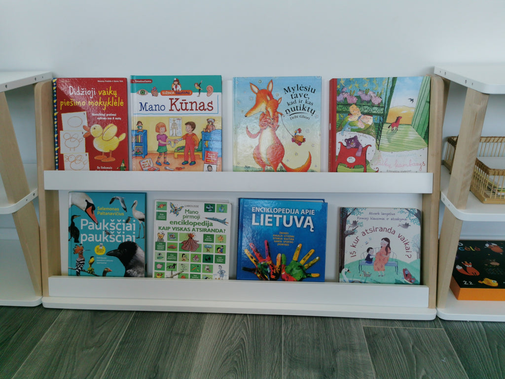 One Little Pine Modular Montessori Bookshelf, 2-shelf open storage unit with rear compartment, solid wood Montessori furniture (available in Natural Wood, Clear Oil, and White & Clear Oil finishes)