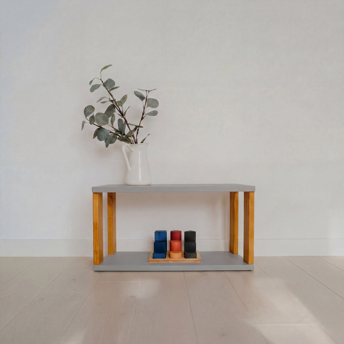 One Little Pine 2-Shelf Straight Mini Montessori Shelf in Light Grey / Brownish Oil — child-height wooden shelving