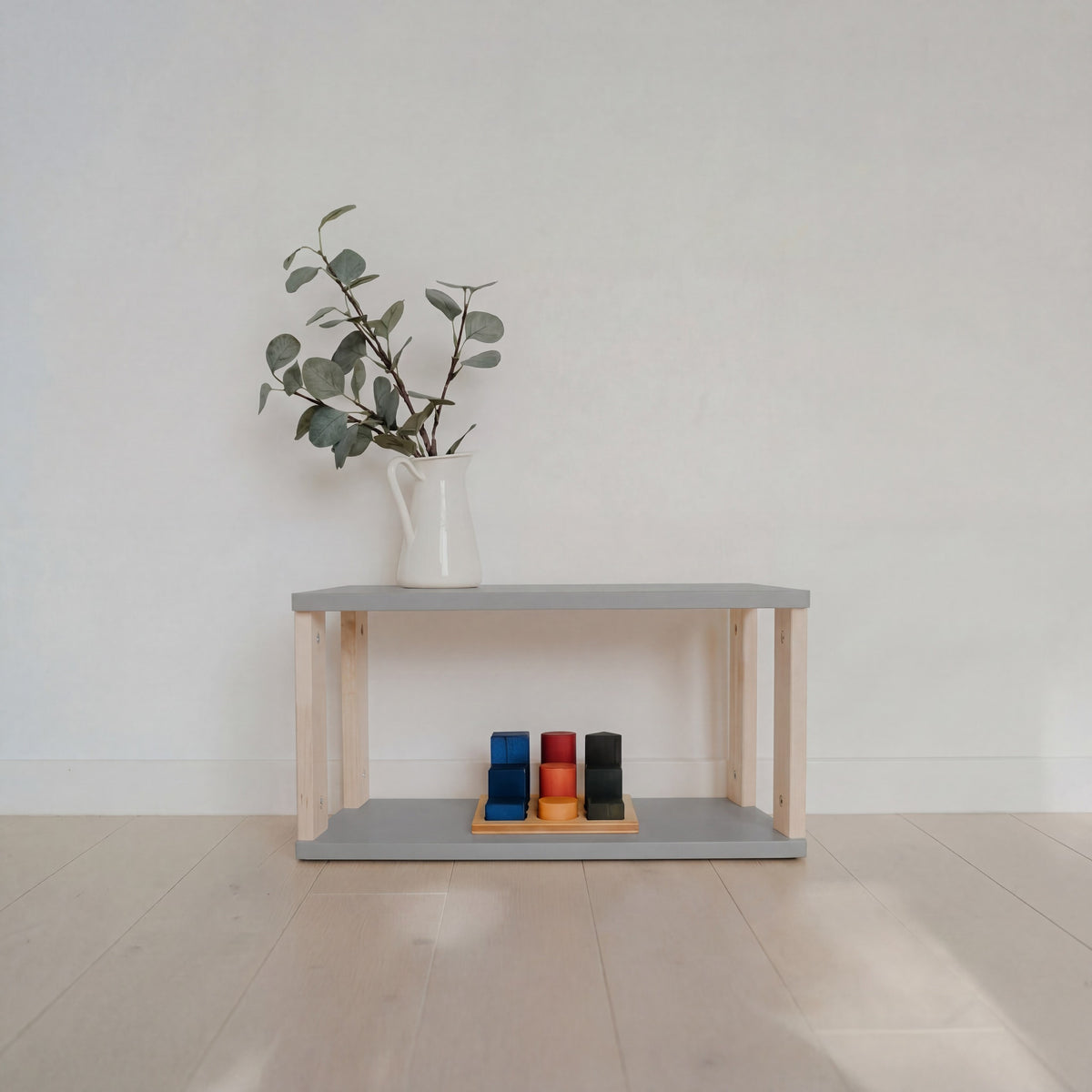 One Little Pine 2-Shelf Straight Mini Montessori Shelf in Light Grey / Clear Oil — child-height wooden shelving