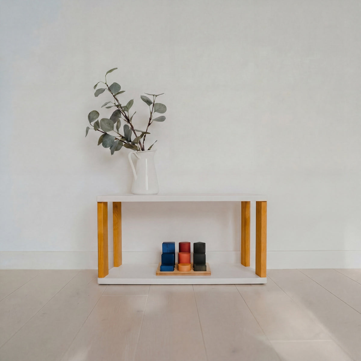 One Little Pine 2-Shelf Straight Mini Montessori Shelf in White / Brownish Oil — child-height wooden shelving