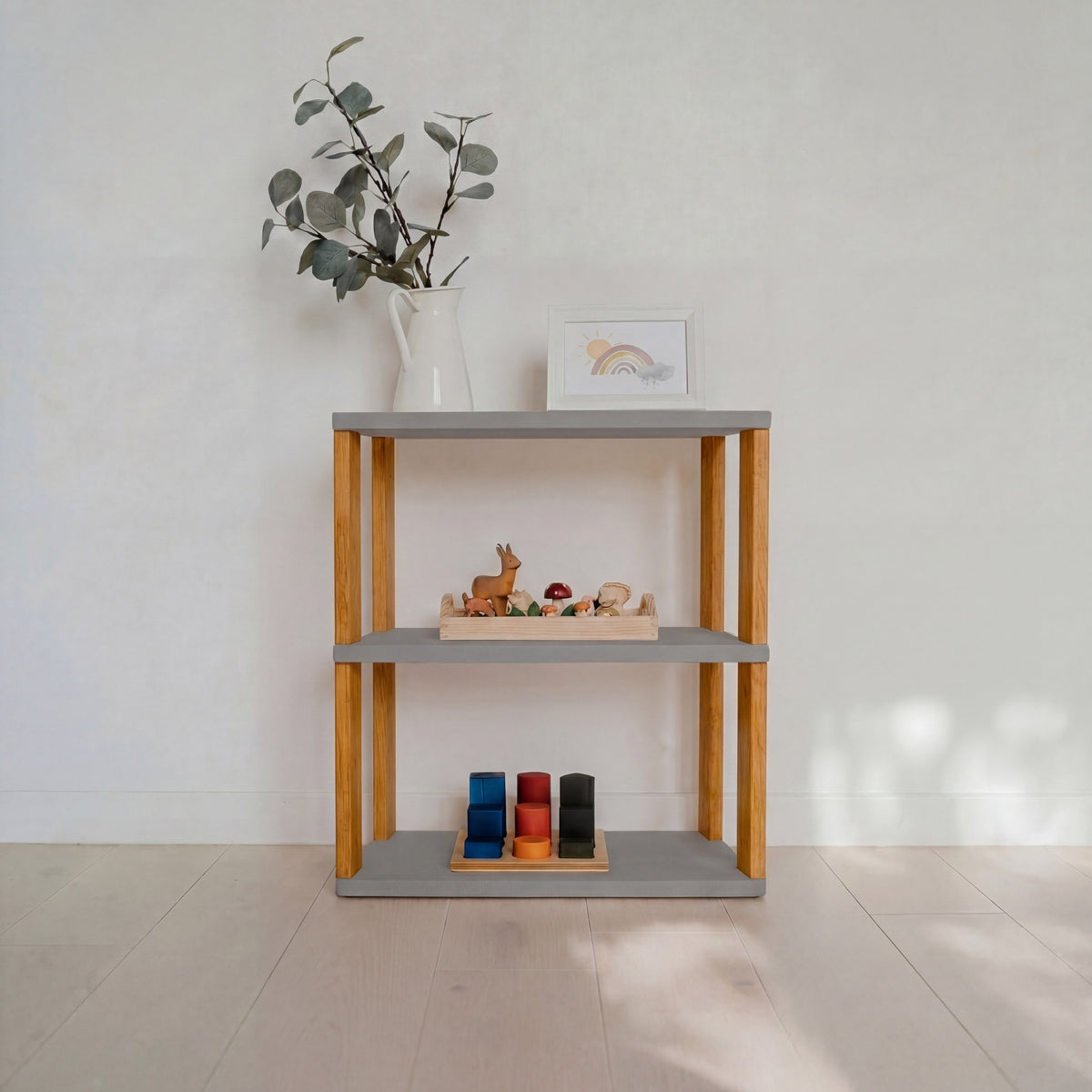 One Little Pine 3-Shelf Straight Mini Montessori Shelf in Light Grey / Brownish Oil — child-height wooden shelving