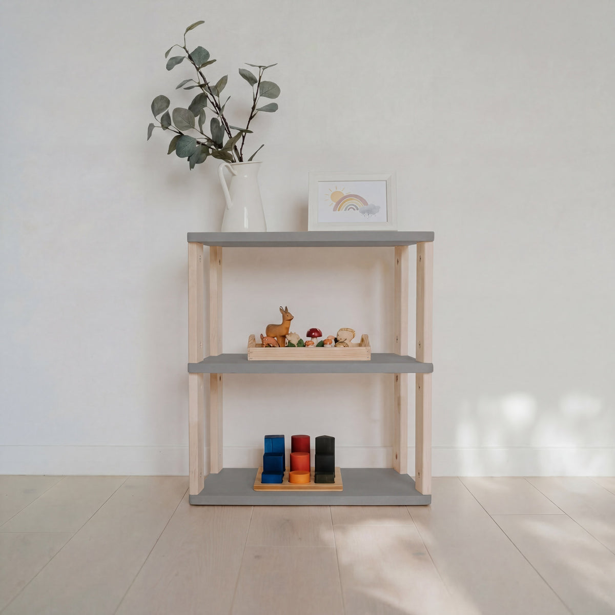 One Little Pine 3-Shelf Straight Mini Montessori Shelf in Light Grey / Clear Oil — child-height wooden shelving