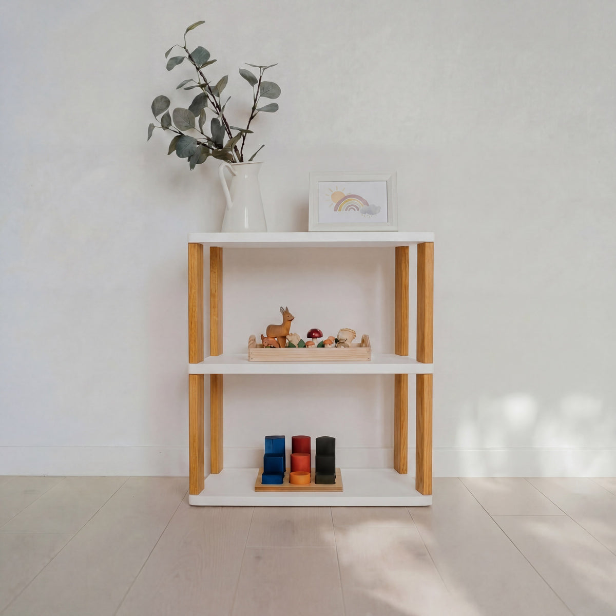 One Little Pine 3-Shelf Straight Mini Montessori Shelf in White / Brownish Oil — child-height wooden shelving