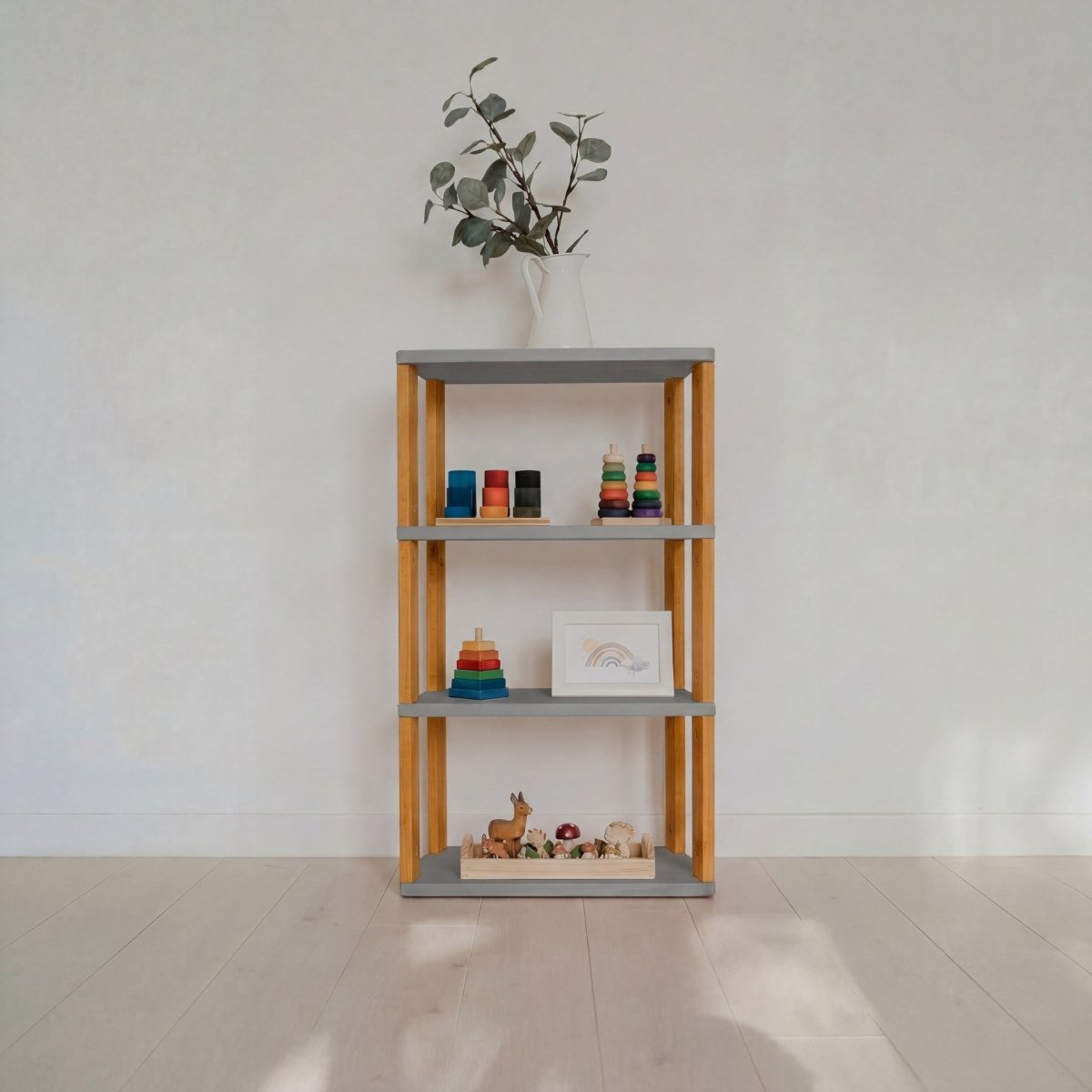 Modular Montessori Shelf – Straight Mini, 4-Shelf, Light Grey / Brownish Oil - Tiny Tugz™