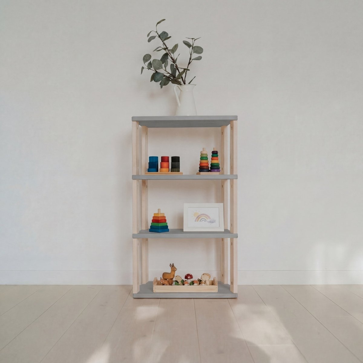 Modular Montessori Shelf – Straight Mini, 4-Shelf, Light Grey / Clear Oil - Tiny Tugz™