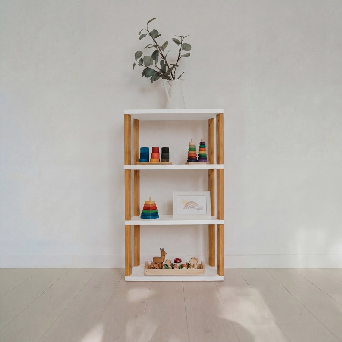 Modular Montessori Shelf – Straight Mini, 4-Shelf, White / Brownish Oil - Tiny Tugz™