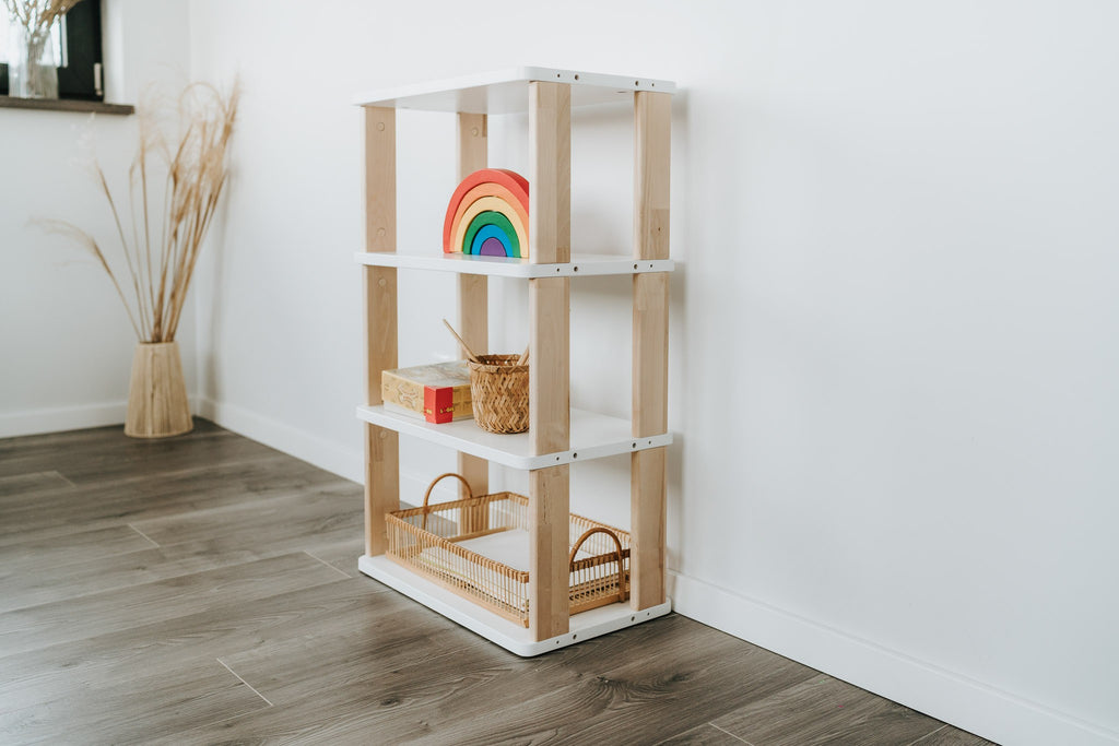 One Little Pine 4-Shelf Straight Mini Montessori Shelf — child-height wooden shelving