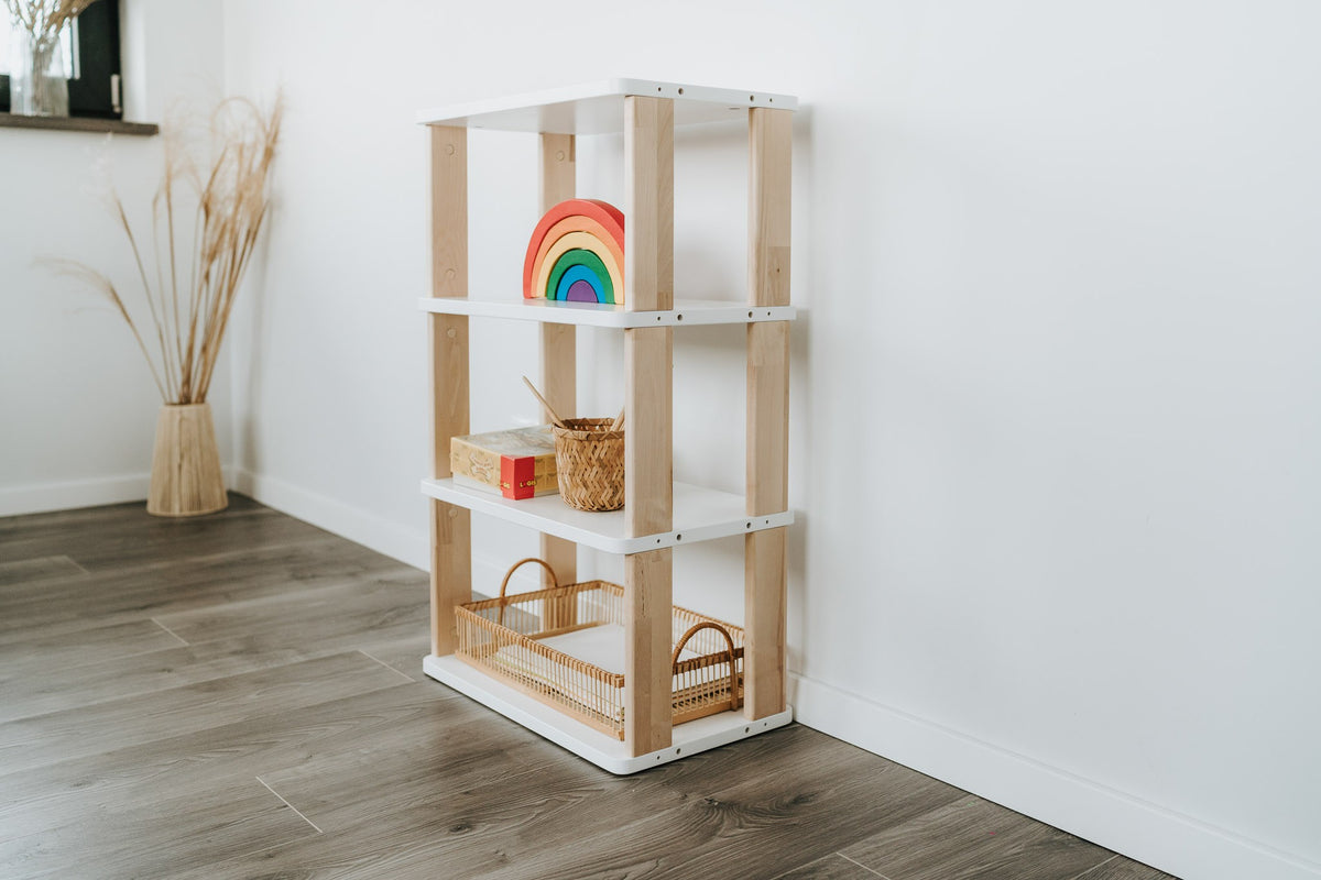 One Little Pine 4-Shelf Straight Mini Montessori Shelf — child-height wooden shelving