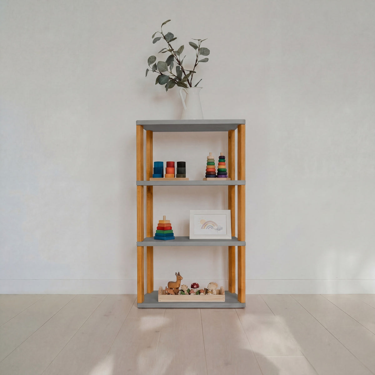 One Little Pine 4-Shelf Straight Mini Montessori Shelf in Light Grey / Brownish Oil — child-height wooden shelving
