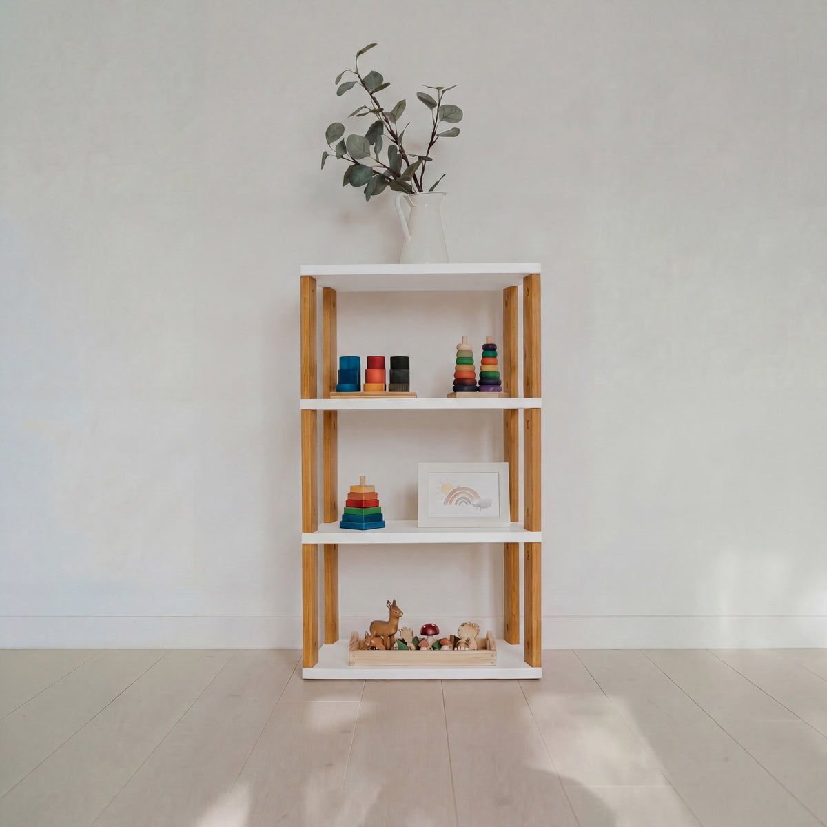 One Little Pine 4-Shelf Straight Mini Montessori Shelf in White / Brownish Oil — child-height wooden shelving