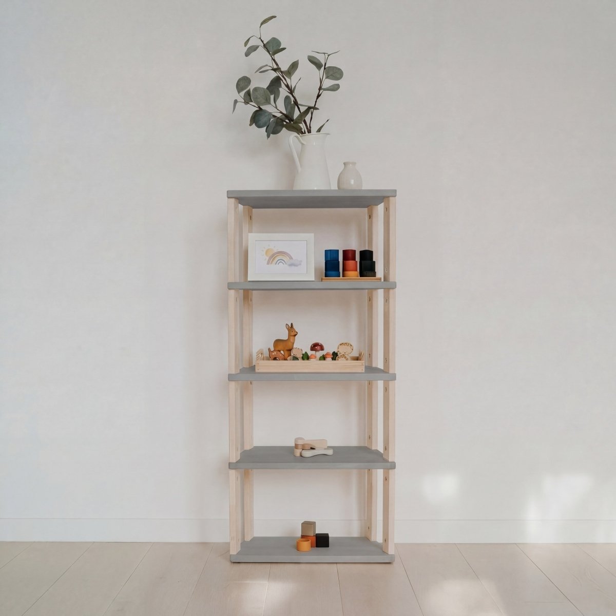 Modular Montessori Shelf – Straight Mini, 5-Shelf, Light Grey / Clear Oil - Tiny Tugz™