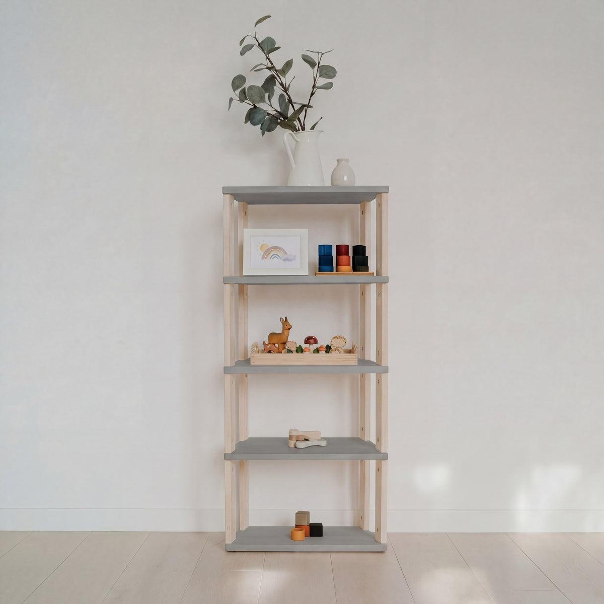 One Little Pine 5-Shelf Straight Mini Montessori Shelf in Light Grey / Clear Oil — child-height wooden shelving