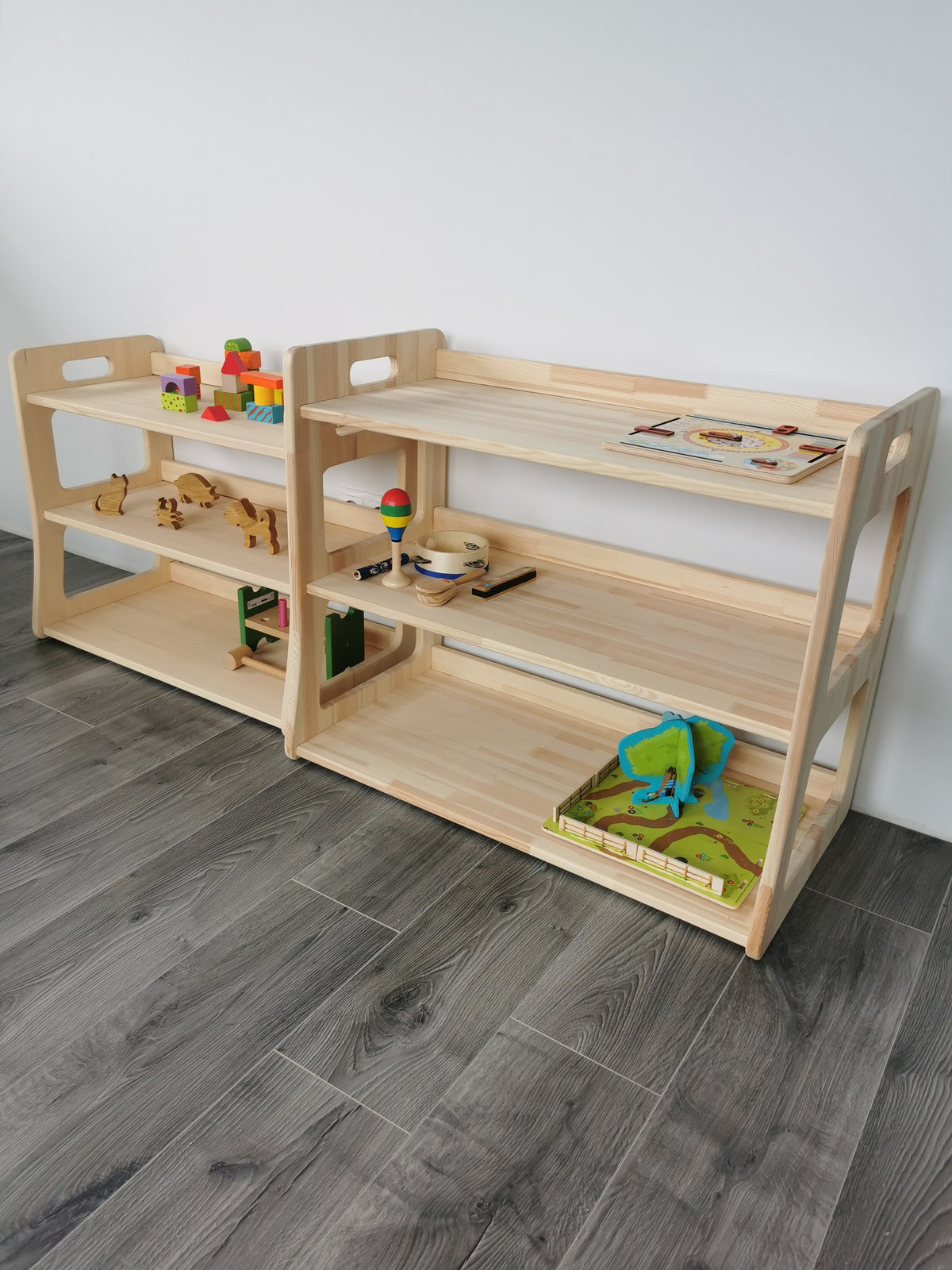 Montessori Toy Shelf Maxi — side view, One Little Pine Montessori shelving
