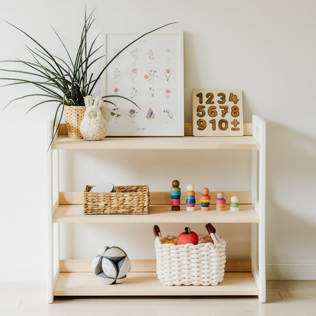 One Little Pine Montessori Toy Shelf Maxi — solid birch wood open shelving unit for Montessori playrooms