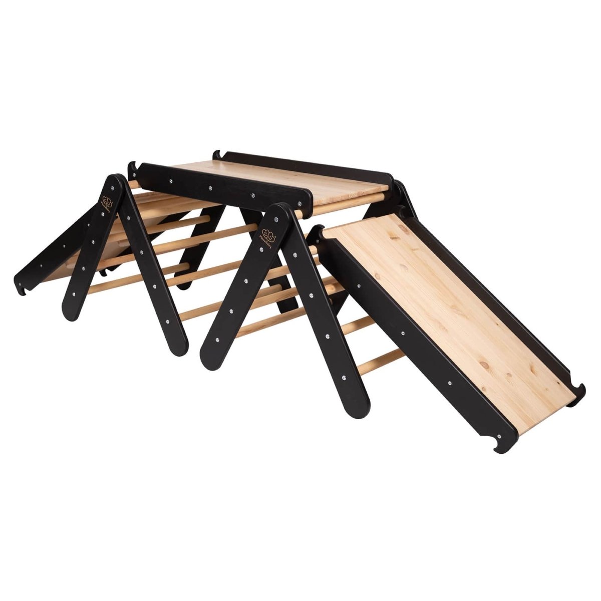 Modular Wooden Climbing Triangle Set with Slide & Wall — 3-in-1 Montessori Play Structure (Black) - Tiny Tugz™