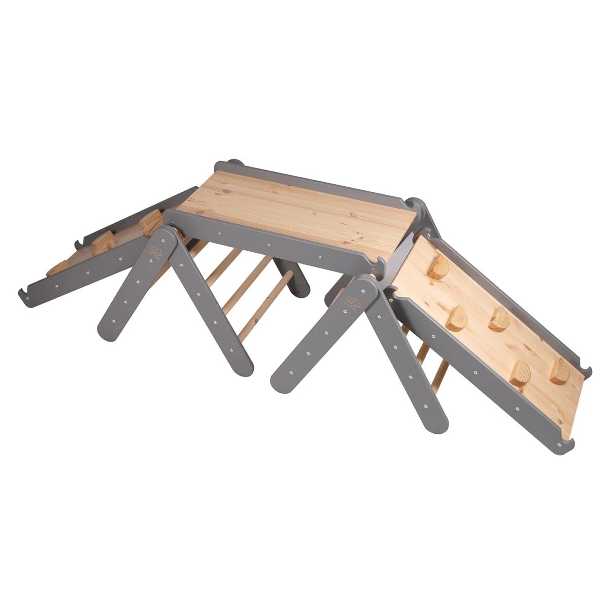 Modular Wooden Climbing Triangle Set with Slide & Wall — 3-in-1 Montessori Play Structure (Grey) - Tiny Tugz™