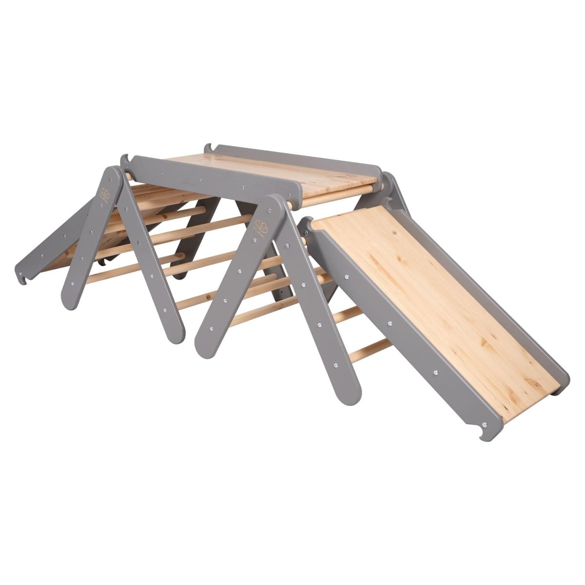 Modular Wooden Climbing Triangle Set with Slide & Wall — 3-in-1 Montessori Play Structure (Grey) - Tiny Tugz™