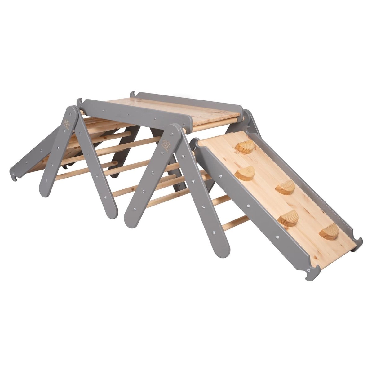Modular Wooden Climbing Triangle Set with Slide & Wall — 3-in-1 Montessori Play Structure (Grey) - Tiny Tugz™