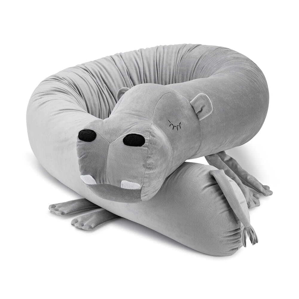 Momo Hippo Cuddle Pillow & Bed Wall Bumper - Velvet, 205 cm (Grey) - Tiny Tugz™