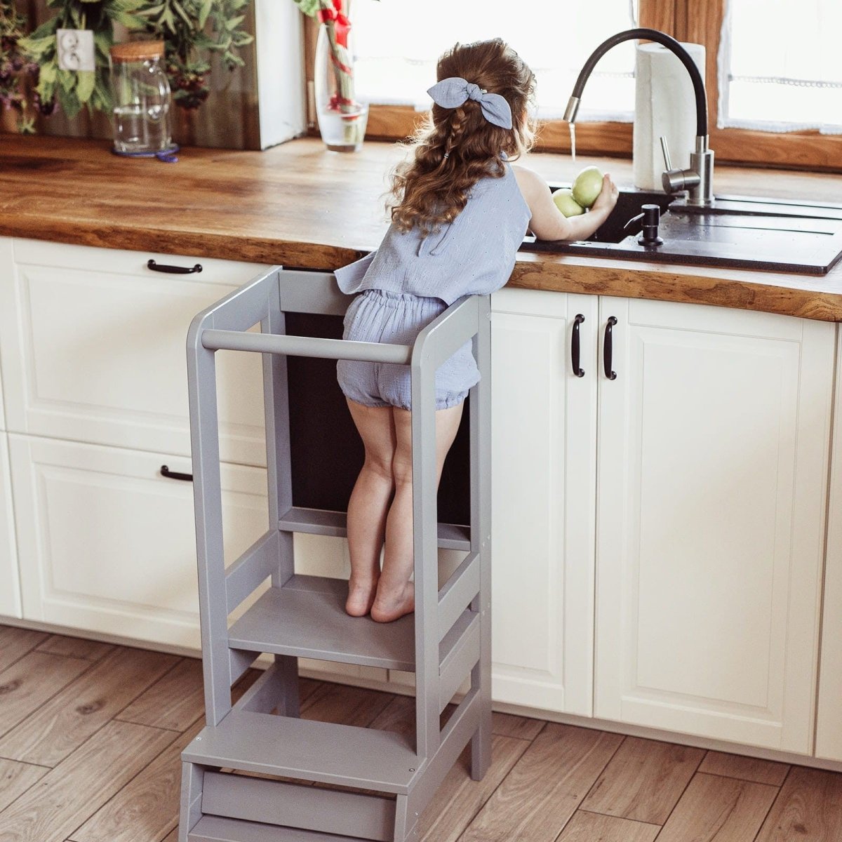 Montessori Adjustable Learning Tower with Drawing Board - Solid Pine, 3 Heights (Dark Grey) - Tiny Tugz™
