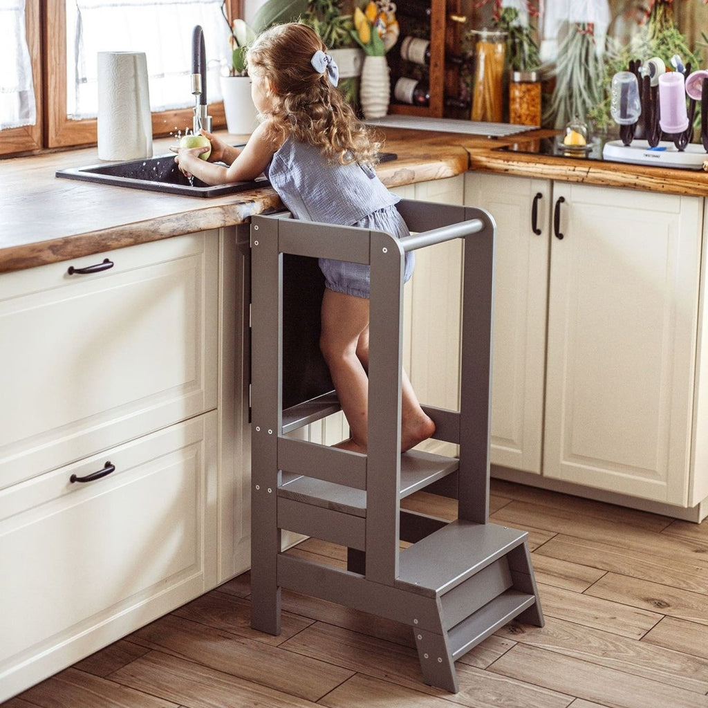 Montessori Adjustable Learning Tower with Drawing Board - Solid Pine, 3 Heights (Dark Grey) - Tiny Tugz™