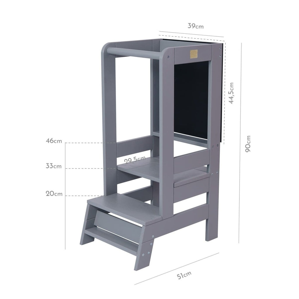 Montessori Adjustable Learning Tower with Drawing Board - Solid Pine, 3 Heights (Dark Grey) - Tiny Tugz™