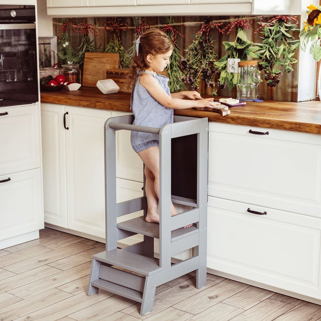 Montessori Adjustable Learning Tower with Drawing Board - Solid Pine, 3 Heights (Dark Grey) - Tiny Tugz™