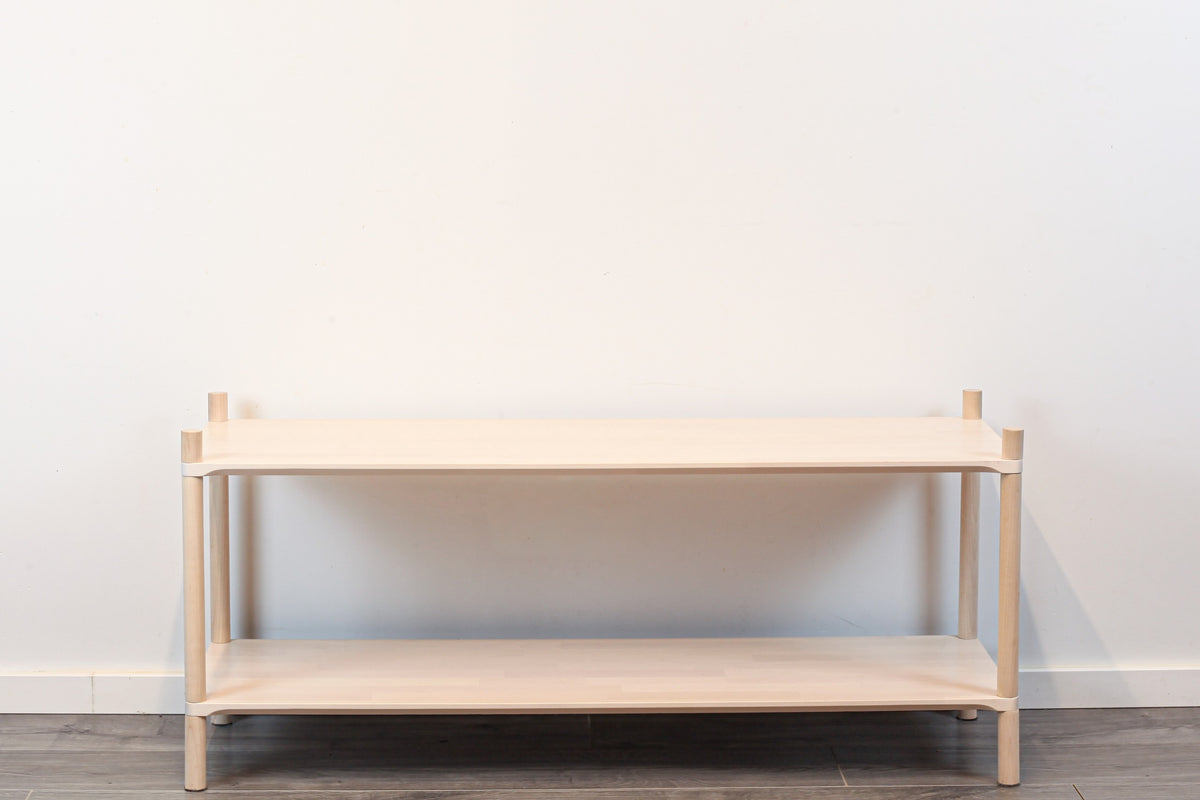 One Little Pine Large 2-Shelf Montessori-Inspired Wooden Shelving Unit styled with books and toys, Montessori-style kids storage furniture.