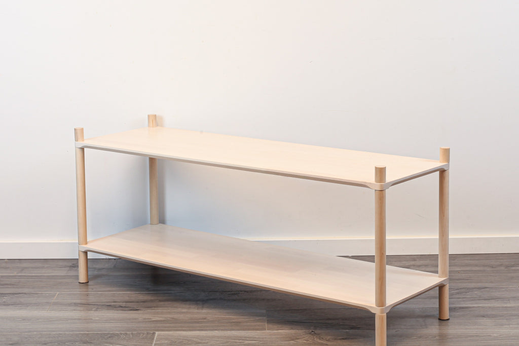 One Little Pine Large 2-Shelf Montessori-Inspired Wooden Shelving Unit shown from an angled view, highlighting the open shelves at child height.