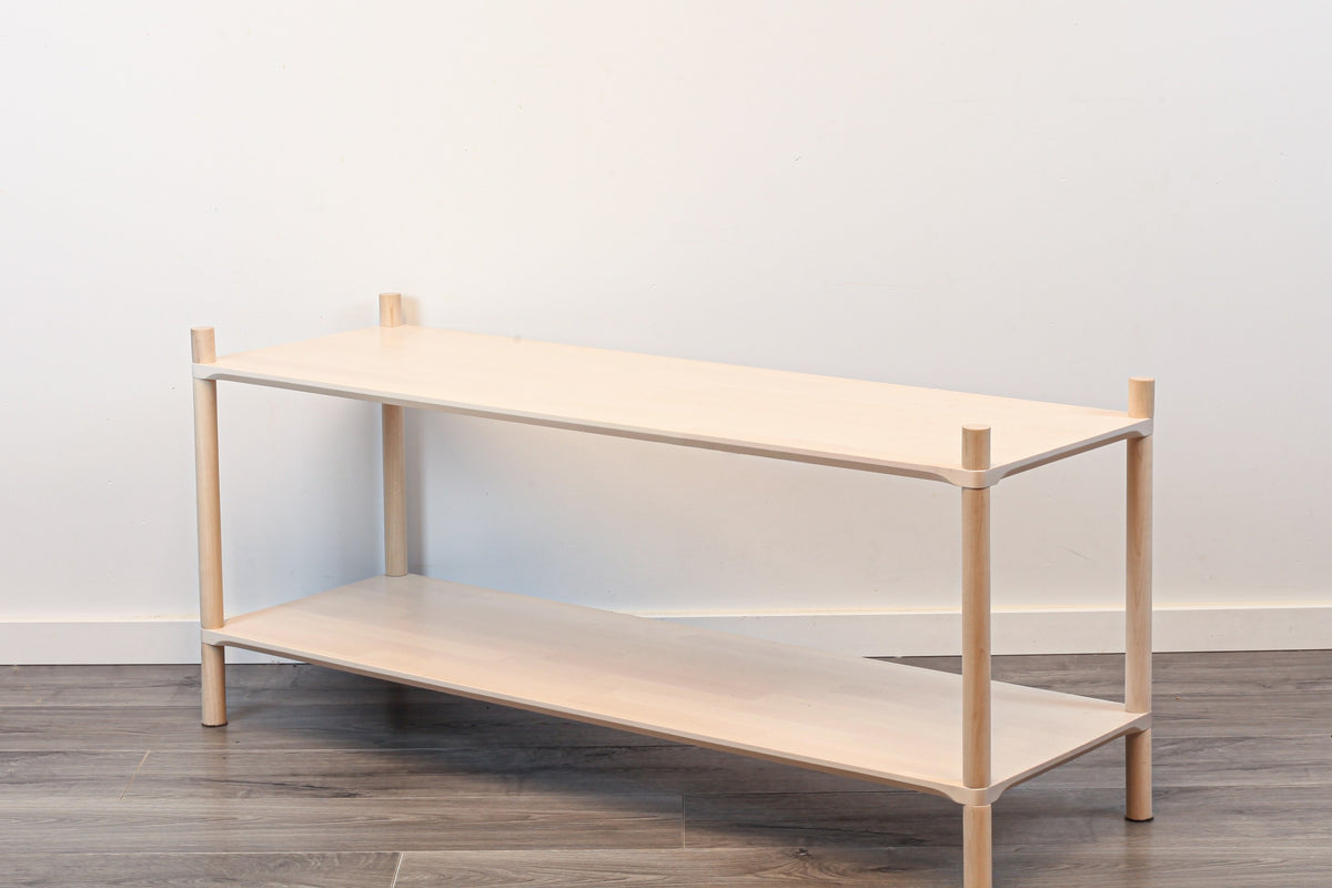 One Little Pine Large 2-Shelf Montessori-Inspired Wooden Shelving Unit shown from an angled view, highlighting the open shelves at child height.