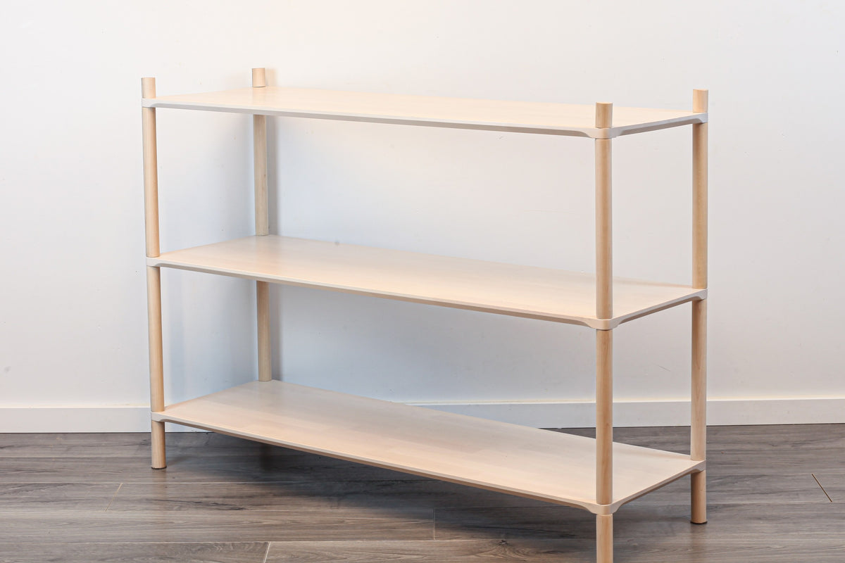 One Little Pine Large 3-Shelf Montessori-Inspired Wooden Shelving Unit shown from an angled view, highlighting the open shelves at child height.
