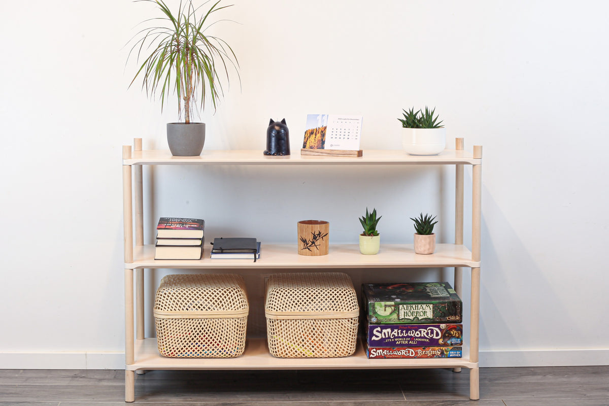 One Little Pine Large 3-Shelf Montessori-Inspired Wooden Shelving Unit — solid birch wood, W110xH74xD35cm, FSC-certified open shelving for children's rooms.