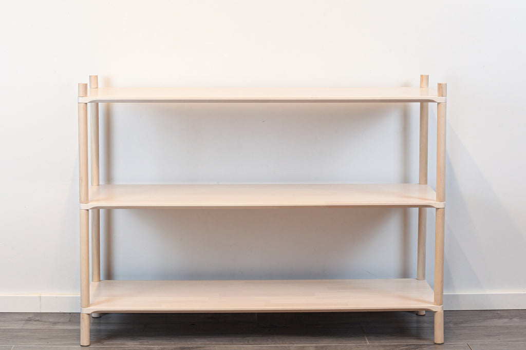 One Little Pine Large 3-Shelf Montessori-Inspired Wooden Shelving Unit styled with books and toys, Montessori-style kids storage furniture.