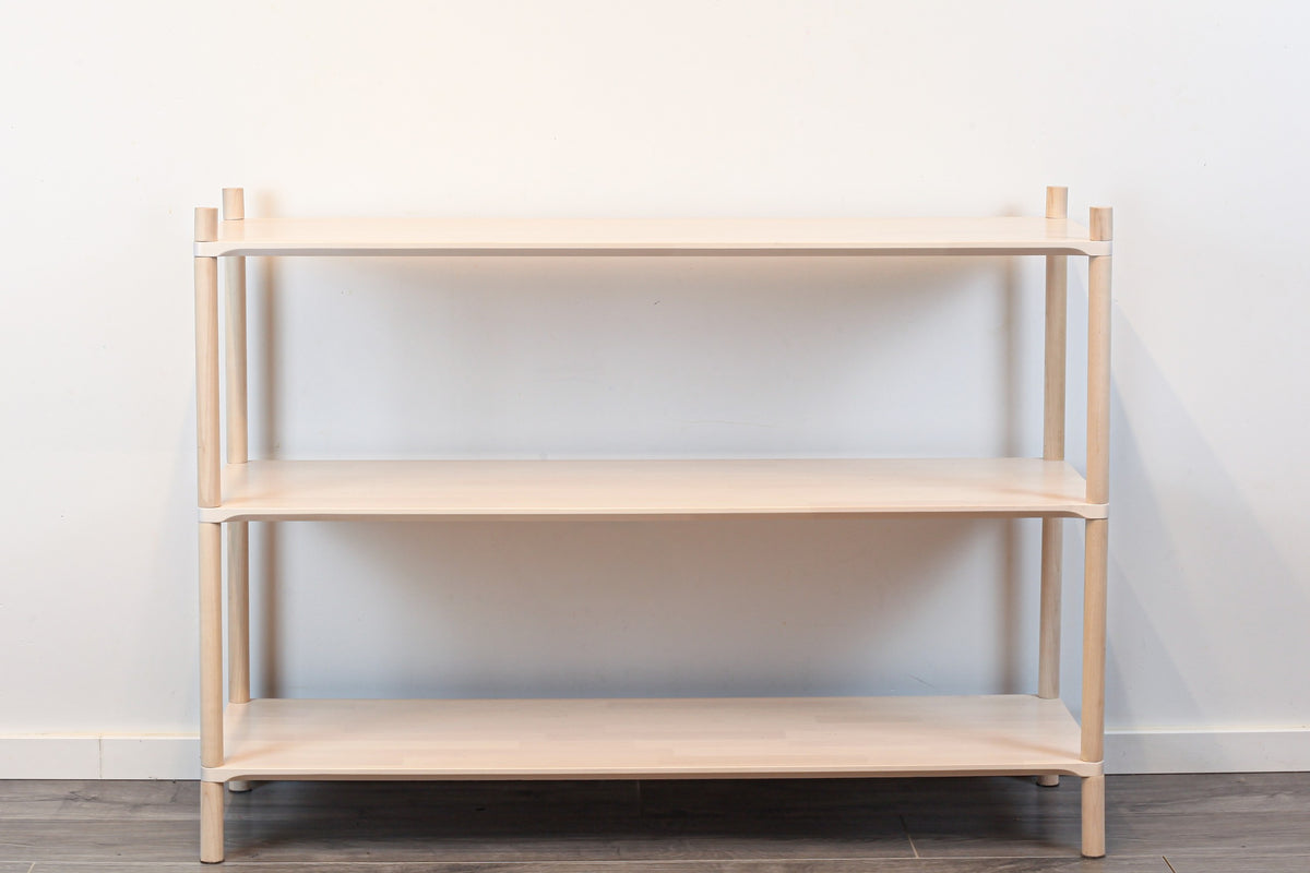 One Little Pine Large 3-Shelf Montessori-Inspired Wooden Shelving Unit styled with books and toys, Montessori-style kids storage furniture.